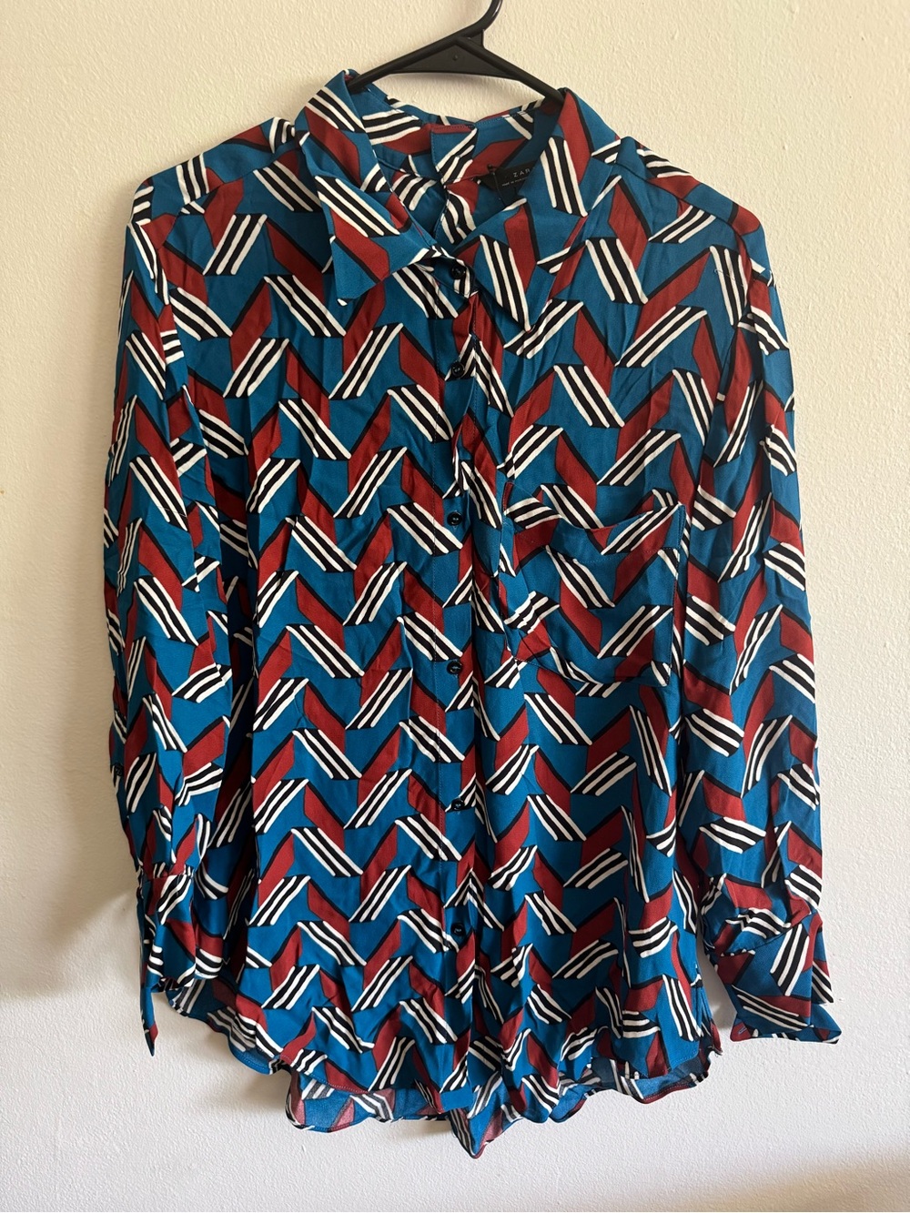 ZARA Geometric Print Button-Front Blouse - Teal & Burgundy